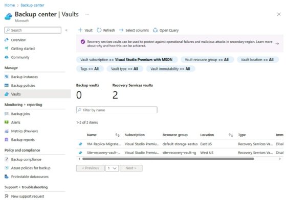 Capture d'écran de la page Vaults de Backup Center pour Window in Azure.