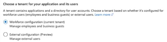 Sélectionnez une configuration Workforce ou External pour votre application.